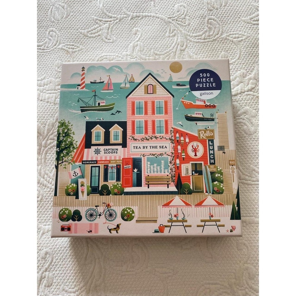 Galison 500 Jigsaw Puzzle  Beach Town Scene Tea By The Sea Used Has All Pieces
